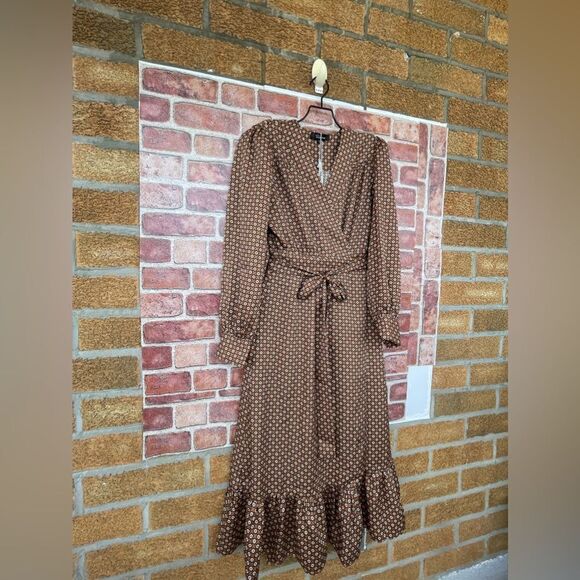 ROSEDRESS VINTAGE FLORAL PRINTED LONG SLEEVE RUFFLE WRAP MIDI DRESS - COFFEE L - Picture 7 of 17